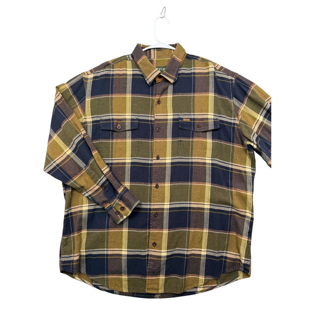 Orvis Flannel Shirt Mens XL Green Blue Plaid Long Sleeve Button Down Herringbone